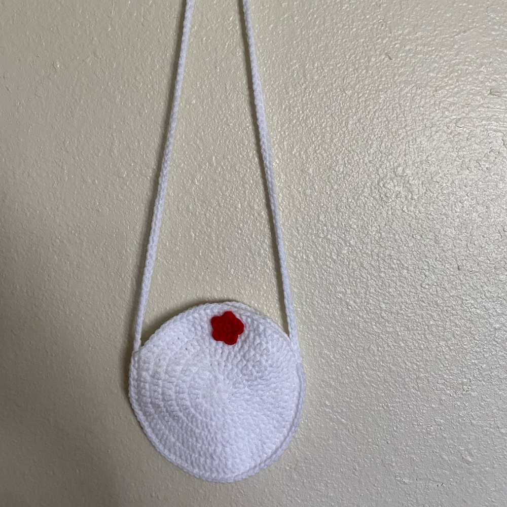 Handmade White Crochet Necklace with Red Accent